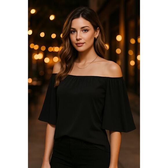 Veronica M. Off Shoulder Bell Sleeve Black Blouse Top - Size Medium - Picture 1 of 7